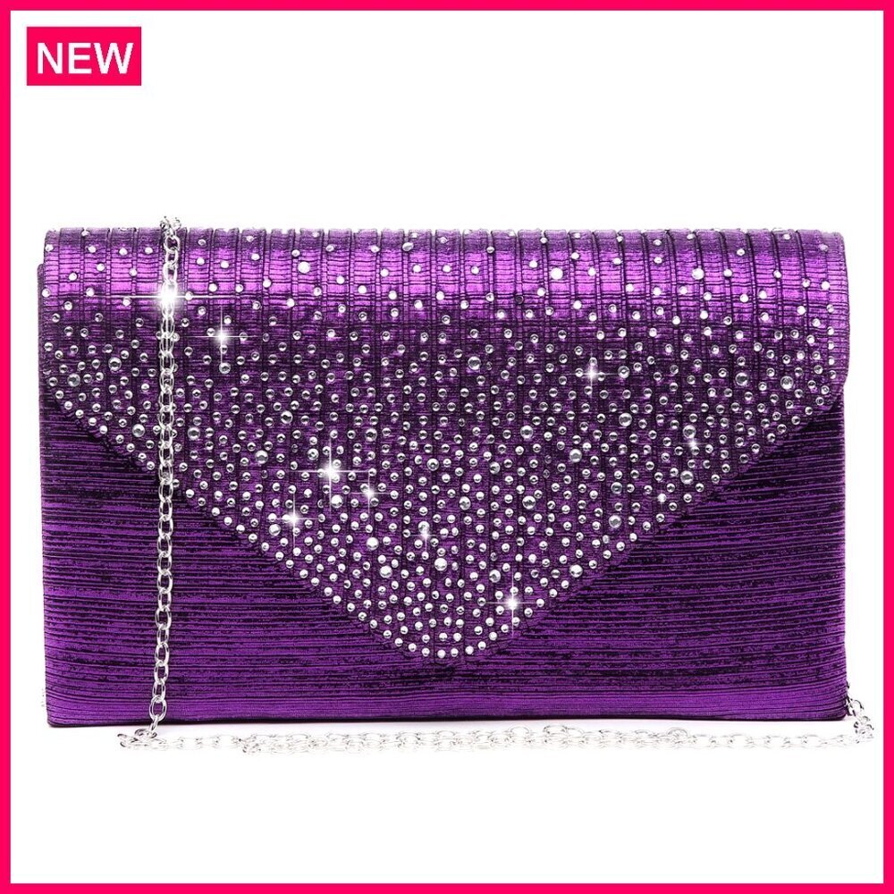 Satin Evening Clutch with Detachable Chain, 8.5x5x2 Inches, Rhinestone Flap